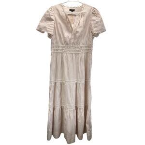 NEW! Quince 100% Organic Cotton Poplin Tiered Maxi Dress White Tan Stripe L